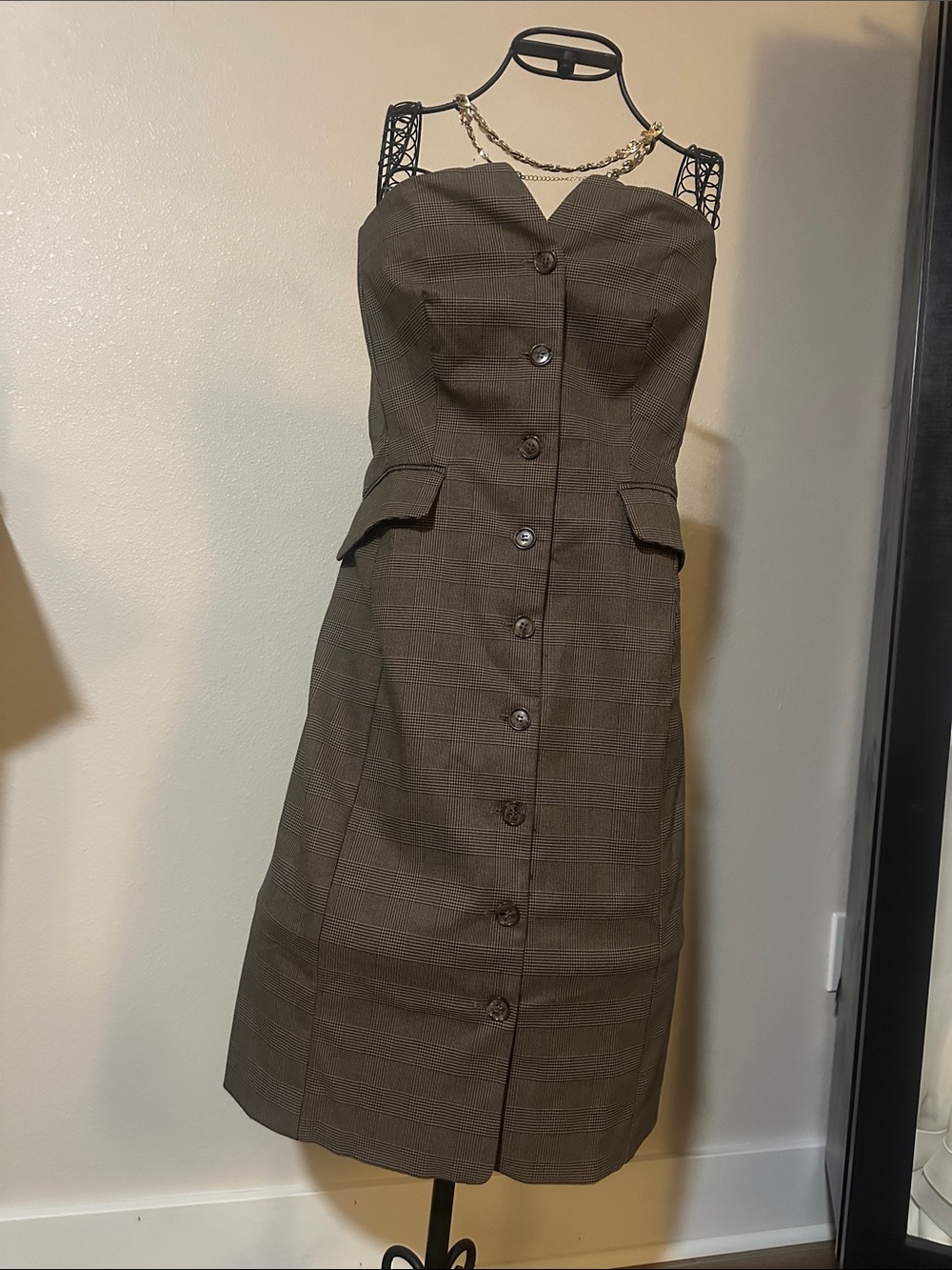 Banana Republic Brown Plaid Midi Button-Front Dress